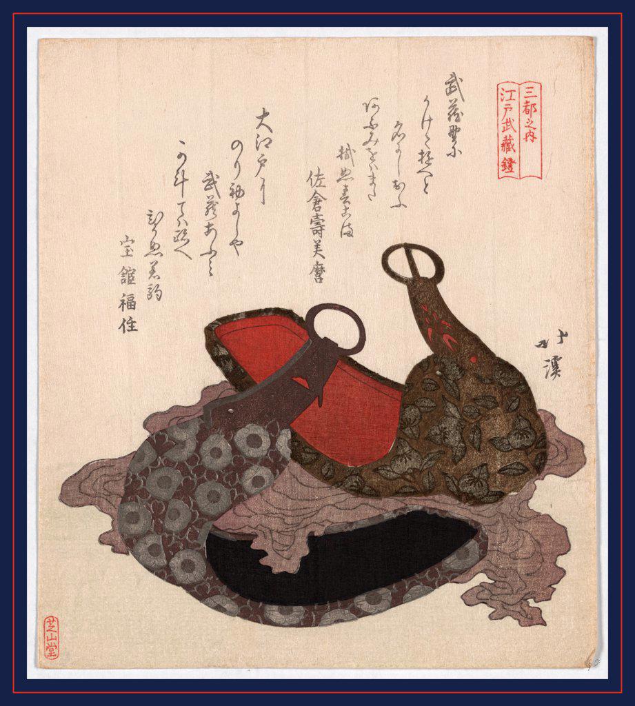 Edo musashi abumi, Edo Musashi saddle stirrup., Totoya, Hokkei, 1780-1850, artist, [between 1818 and 1830], 1 print : woodcut, color ; 20.8 x 18.5 cm., Print shows a saddle and stirrups.