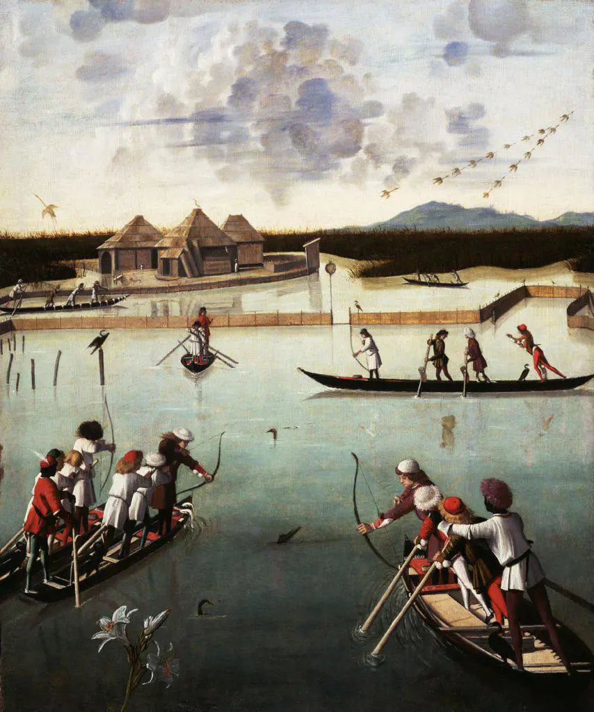 Hunting on the Lagoon (recto),  Letter Rack (verso); Vittore Carpaccio, Italian, about 1460 - 1526; Venice, Italy, Veneto, Europe; about 1490 - 1495; Oil on panel; Unframed: 75.6 x 63.8 cm (29 3/4 x 25 1/8 in.), Framed: 92.7 x 80.6 x 9.5 cm (36 1/2 x 31 3/4 x 3 3/4 in.)