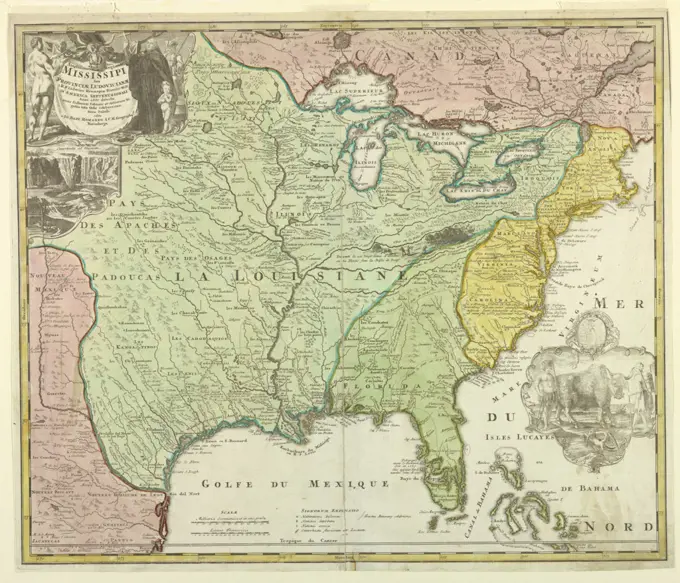 Map of Louisiana (Mississippi), Johann Baptista Homann, 1664 – 1724, Etching and engraving, hand-colored, on white laid paper, Map of Louisiana shows the Eastern part of the United States up to Canada; different colors are used for Louisiana (green), Eastern States (yellow), New Mexico (pink) and Canada (pink). On upper left corner, title of map embellished with an allegorical figure; below view of Niagara Falls. In lower right corner, a vignette with the coat-of-arms of Lns. Gall Societatis Indiae Occidentalis and below and Indian man and woman with a bull. (OPB '59), Germany, after 1718, ephemera, Print, Print