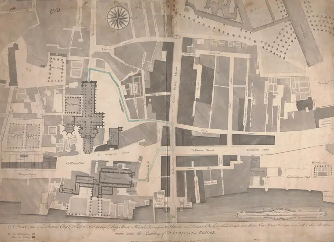 A Plan of Part of the Ancient City of Westminster, from College Street to Whitehall, and from the Thames to St. James's Park, in which are laid down all the New Streets that have been built & other alterations made since the building of Westminster Bridge, unknown artist, eighteenth century, printed 1740, drawn ca. 1760, Line engraving marked with pen and black ink, blue wash, and graphite on moderately thick, sligthly textured, cream laid paper with one fold mark, Sheet: 20 15/16 × 28 3/4 inches (53.2 × 73 cm), architectural subject, city planning, coronation, plan (formal concept), City of Westminster, England, London, Palace of Westminster, United Kingdom, Westminster Abbey