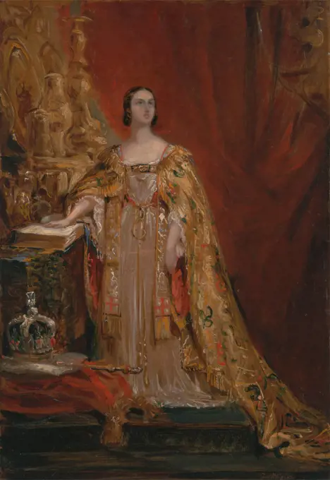 Queen Victoria Taking the Coronation Oath, June 28, 1838, Sir George Hayter, 1792–1871, British, 1850, Oil on panel, Support (PTG): 14 3/16 x 10 inches (36 x 25.4 cm), cape, coronation, gold, jewels, portrait, red, robes, royal, scepter, woman