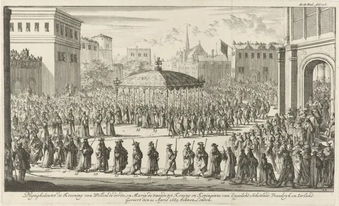 Procession to the coronation ceremony, 21 April 1689. William III and Mary II Stuart under a canopy in a long procession on their way to Westminster Abbey. With figures in the representation and marked at top right: third Part. fol. 118., Coronation procession of William III, 1689 Pledges to the Crowning of William the third, and Mary the second, as King and Queen of England, Scotland, France and Ireland, Celebrated the 21 April 1689 within London , print maker: Jan Luyken, publisher: Jan Claesz ten Hoorn, Amsterdam, 1689, paper, etching, h 178 mm × w 291 mm