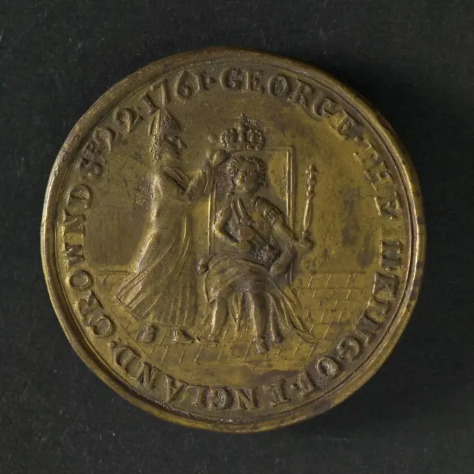 Medal on the coronation of George III of England and his consort, penny footage copper, George III crowned by the archbishop of Canterbury regulation: GEORGE THE III. KING OF ENGLAND. CROWND. SP 22. 1761. George III Great Britain