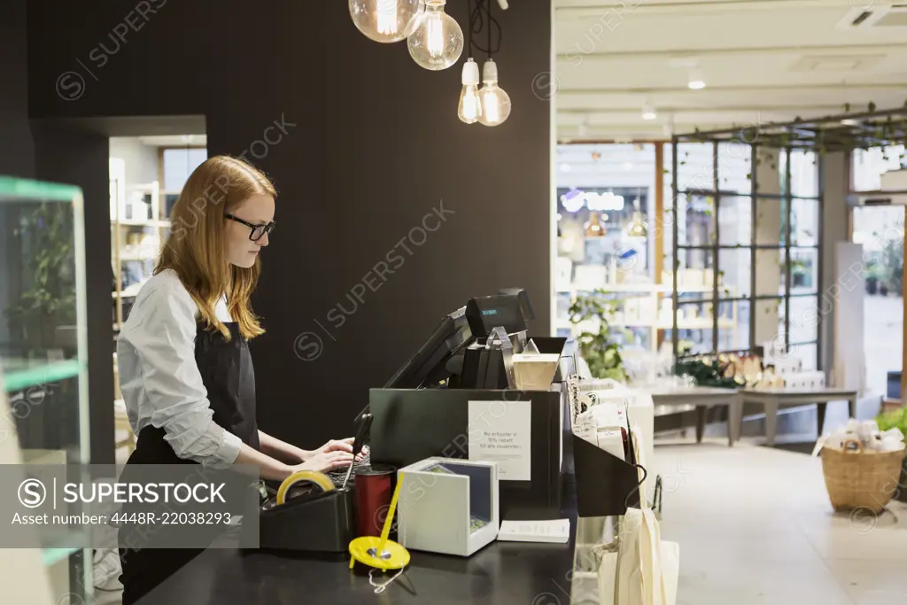Side view of female owner using computer at checkout counter in design store