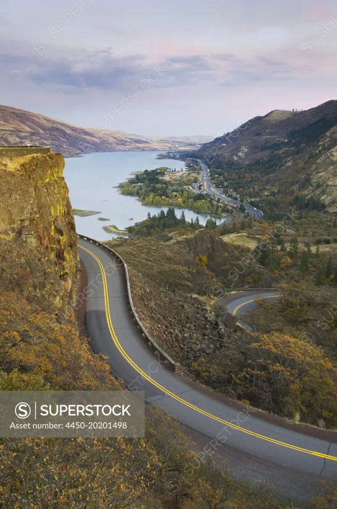 The Columbia River Highway from Rowena Crest, view of a road and lake. 