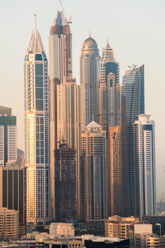  Skyline of modern skyscrapers in Marina district of Dubai, United Arab Emirates