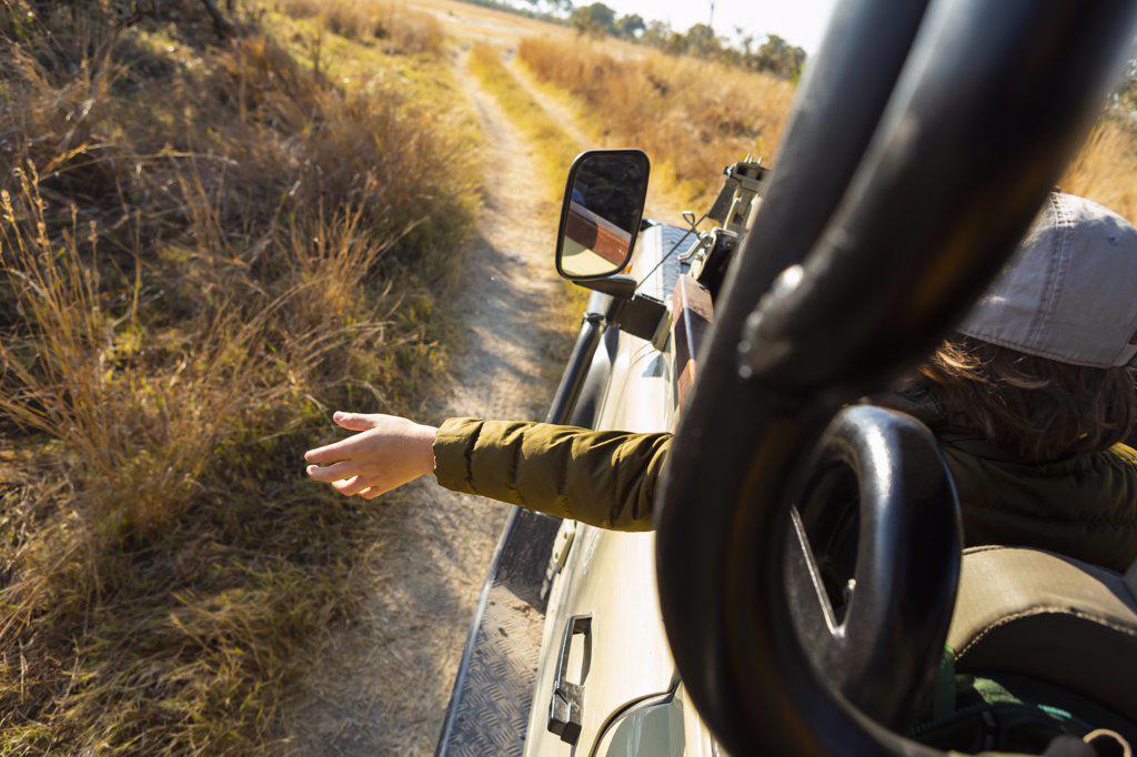 Young boy's hand reaching out from a safari vehicle