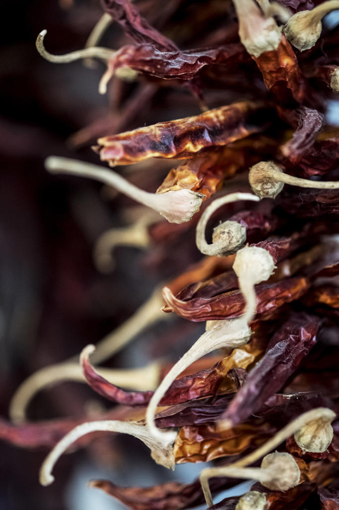 Close up of small bunch of dried red chilies.