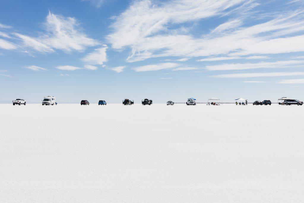 Cars and spectators lined up on Salt Flats during World of Speed week