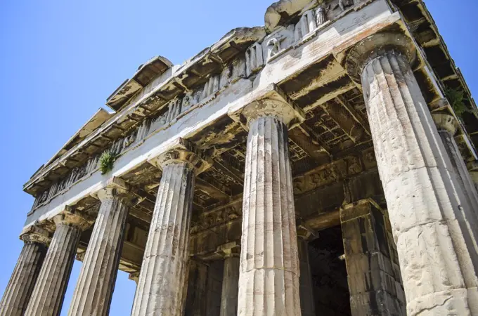 Low angle close up of classical Greek temple, Athens, Greece.