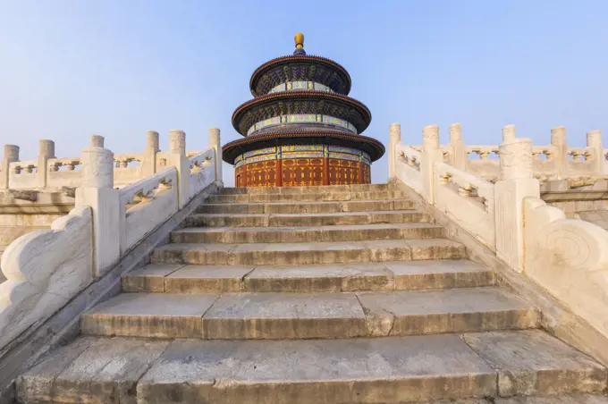Low angle view of staircase leading to the Temple of Heaven, Hall of prayer for the Harvest, Beijing, China.