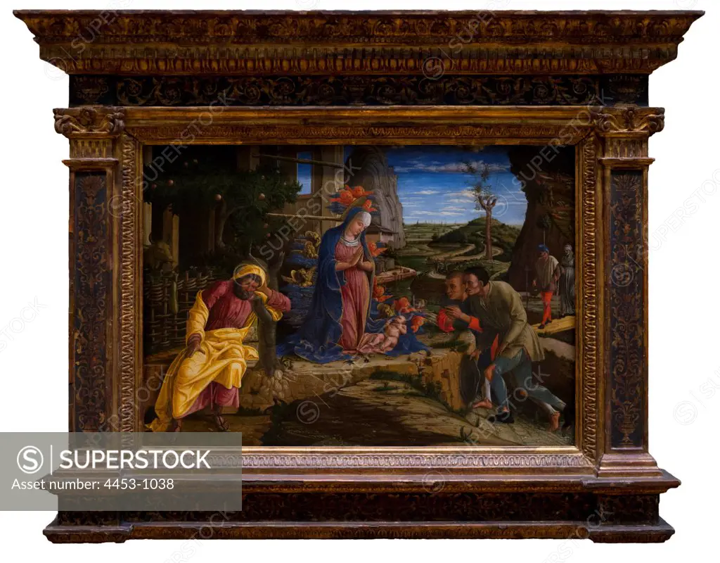Andrea Mantegna; Italian; lsola di Carturo 1430/31-1506 Mantua; The Adoration of the Shepherds; Tempera on canvas.side; and transferred from wood to canvas