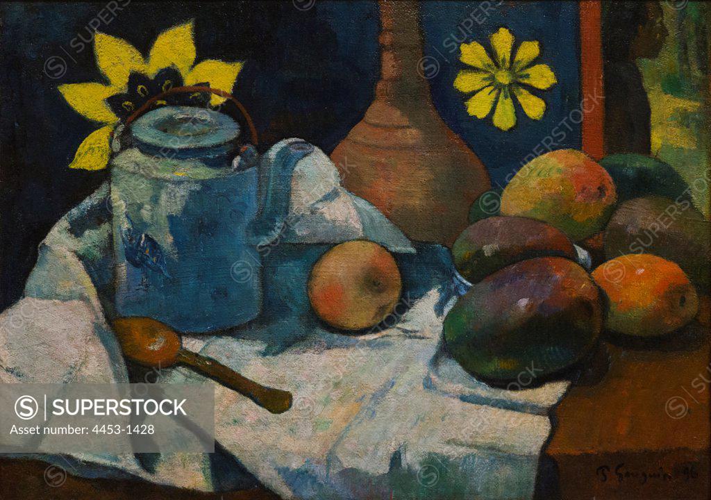 Stock Photo: 4453-1428 Paul Gauguin; French; paris 1848-1903 Atuona; Hiva Oa; Marquesas Islands; Still Life with Teapot and Fruit; 1896; Oil on canvas.