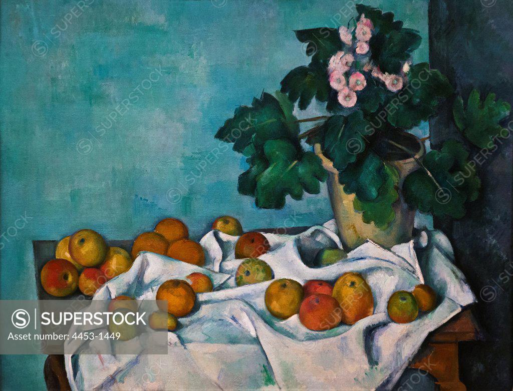 Stock Photo: 4453-1449 Paul Cezanne; French; 1839-1906; Still Life with Apples and al Pot of Primroses; ca.1890; Oil on canvas.