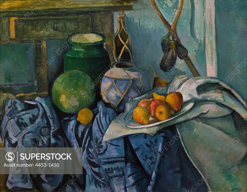 Stock Photo: 4453-1450 Paul Cezanne; French; 1839-1906; Still Life with a Ginger Jar and Eggplants; 1893-94; Oil on canvas.