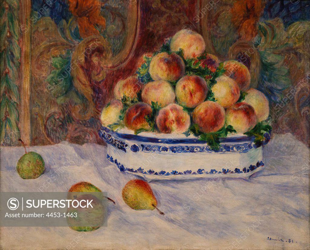 Stock Photo: 4453-1463 Auguste Renoir; French; 1841-1919; Still Life with Peaches; 1881; Oil on canvas.