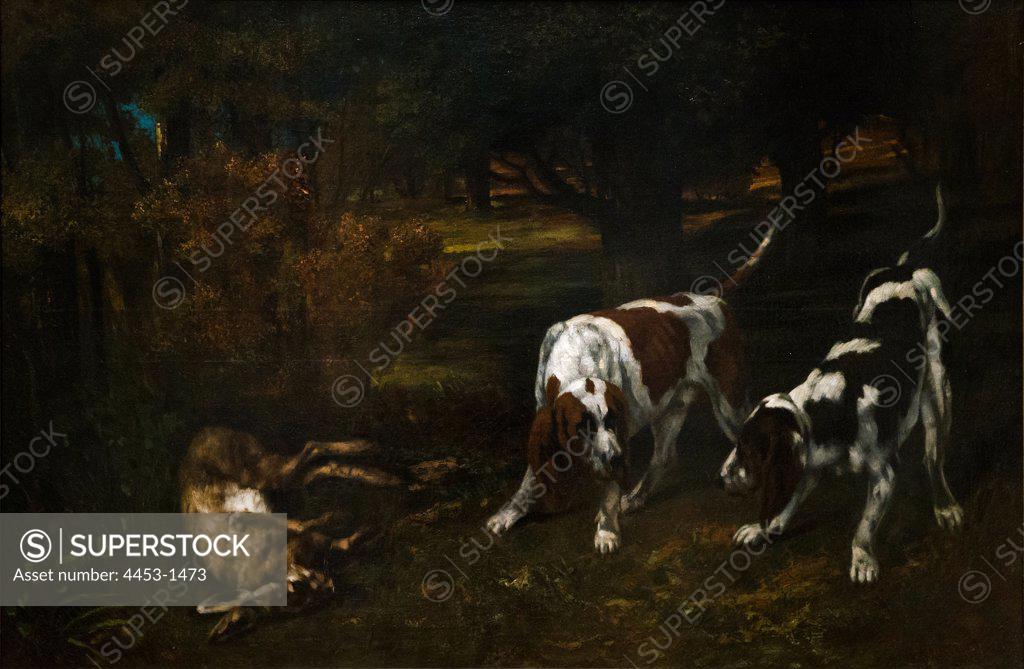 Stock Photo: 4453-1473 Gustave Courbet; French; 1819-1877; Hunting Dogs with Dead Hare; ca. 1858-59; Oil on canvas.