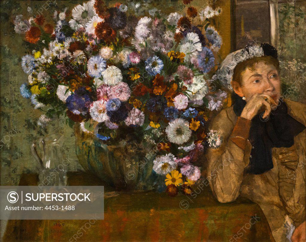 Stock Photo: 4453-1488 Edgar Degas; French; 1834-1917; A Woman Seated beside a Vase of Flowers (Madame Paul Valpincon?); 1865; Oil on canvas.