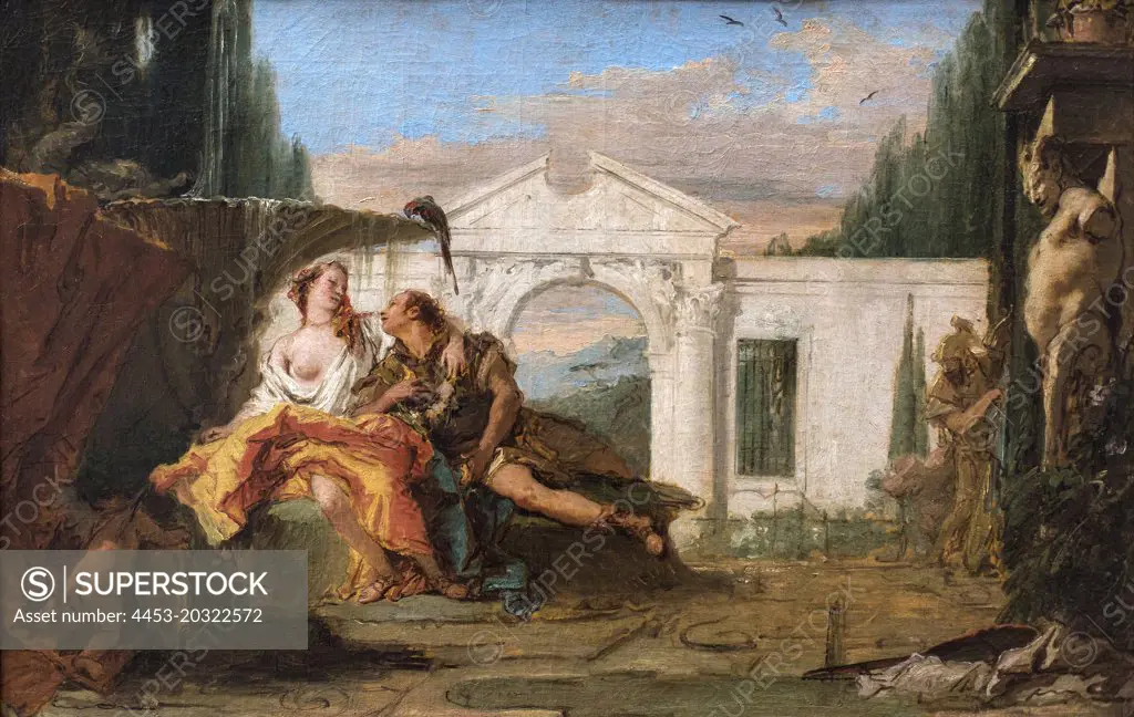 Rinaldo and Armida overheard in the magic garden of Armida; Carlo and Ubaldo. (Giovanni Battista Tiepolo; 1696 Venice 1770 Madrid)