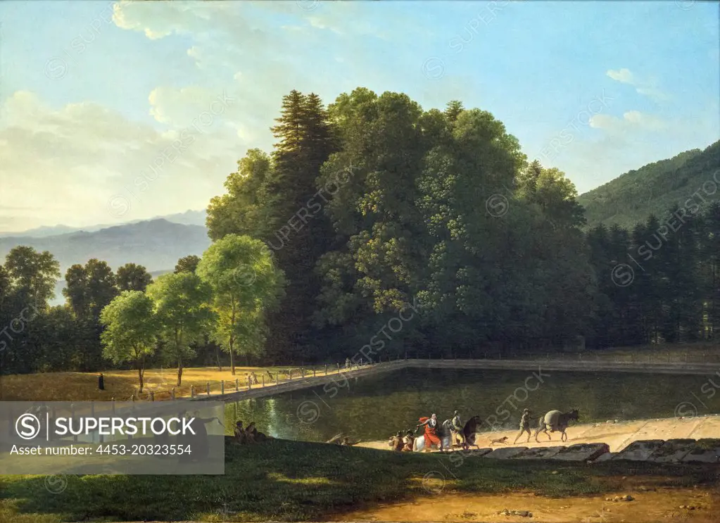 "The Fish Pond at the Monastery of Vallombrosa with Horseman and monks 1797 Oil on canvas by Louis Gauffier, French, 1761 - 1801"