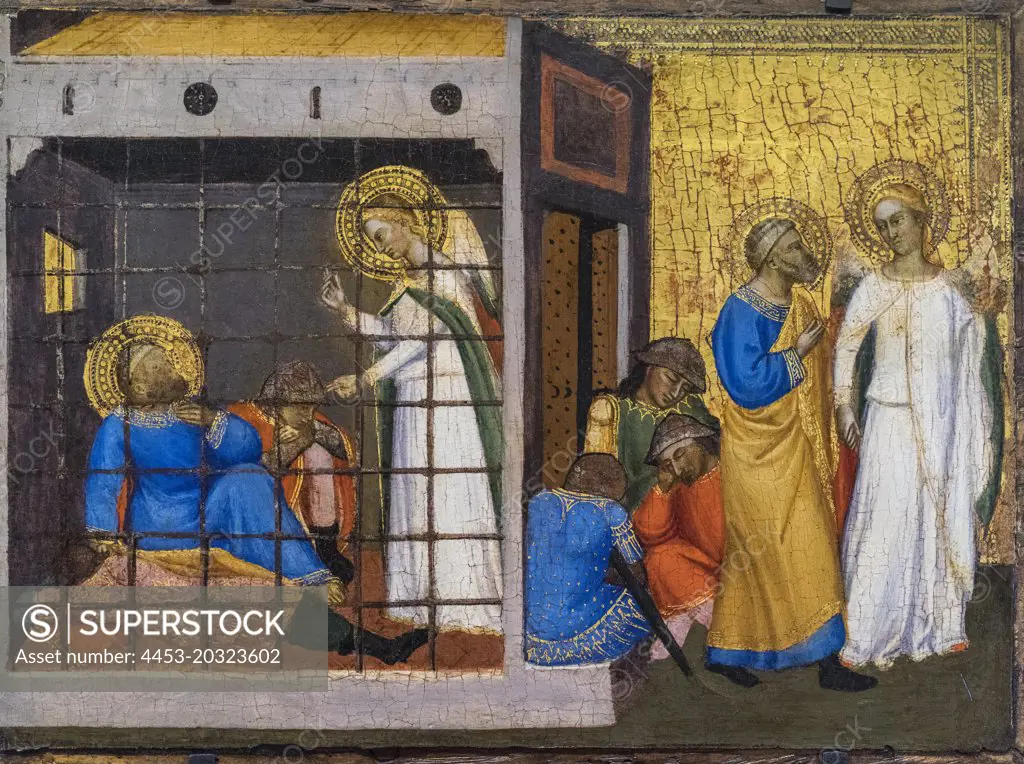 "Predella panel showing the Apostle Peter Released from Prison 1370-71 Tempera and tooled gold on panel by Jacopo di Cione, Italian "