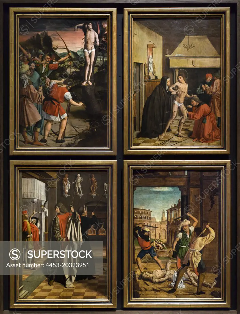 Clockwise from lower left: Sedation Destroying the Home of a Roman Official; and an Angel Restoring the Official to Health Sebastian Shot with Arrows by Soldiers of the Emperor Diocletian Sebastian Cured by Irene The Clubbing of Sebastian; and His Corps