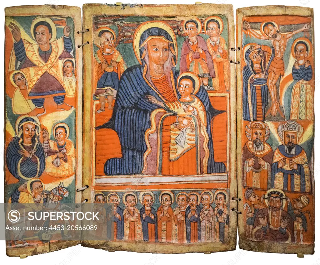 Triptych: Icon of the Virgin Mary; late 1600s oil on olive wood panel Unknown artist; Ethiopian