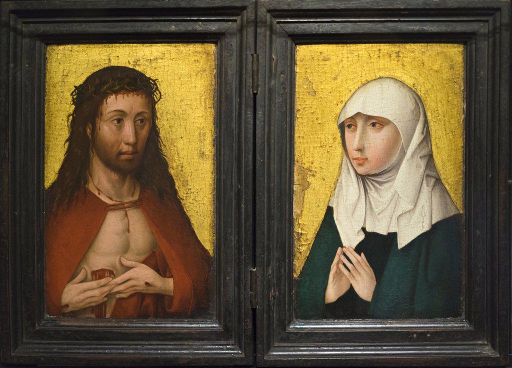 Diptych with Christ as Man of Sorrows and Virgin Mary by Master of Dinkelsbuhler Kalvarienherges; Tempera on wood; c. 1470; Stiftsmusuem; Museen der Stadt Aschaffenburg; Germany