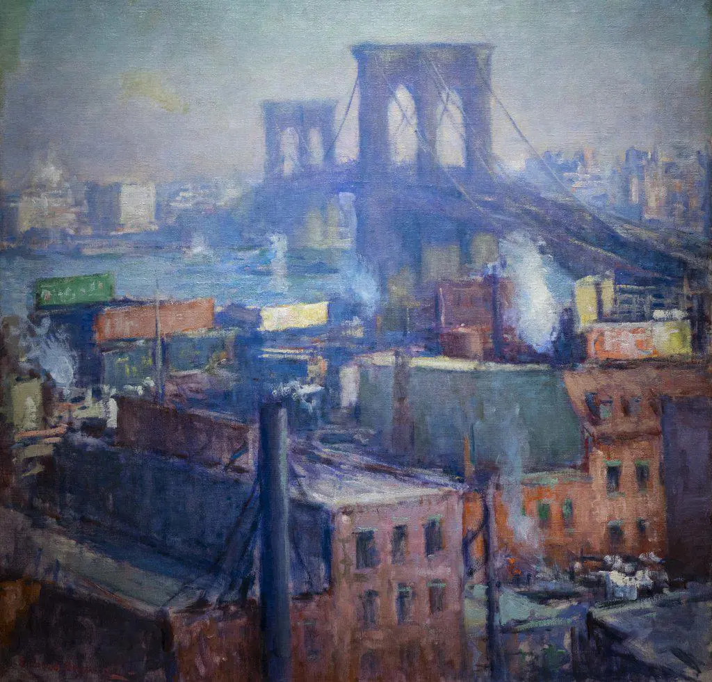 Brooklyn Bridge and East River by Edmund William Greacen (1877 - 1949); Oil on canvas; 1916 
