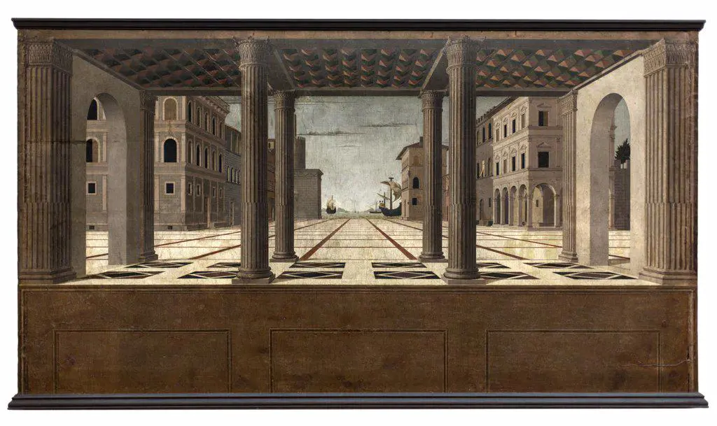 Ideal City Attributed to Luciano Laurana or Francesco di Giorgio Martini tempera on panel Gemaldegalerie Berlin 1495. 