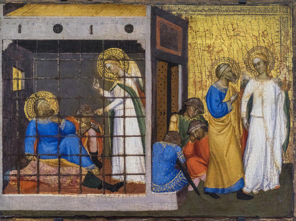 "Predella panel showing the Apostle Peter Released from Prison 1370-71 Tempera and tooled gold on panel by Jacopo di Cione, Italian "