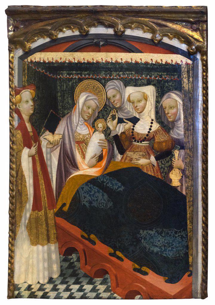 Panel from an altarpiece showing the Birth of the Virgin 1430-35 Tempera and tooled gold on panel
