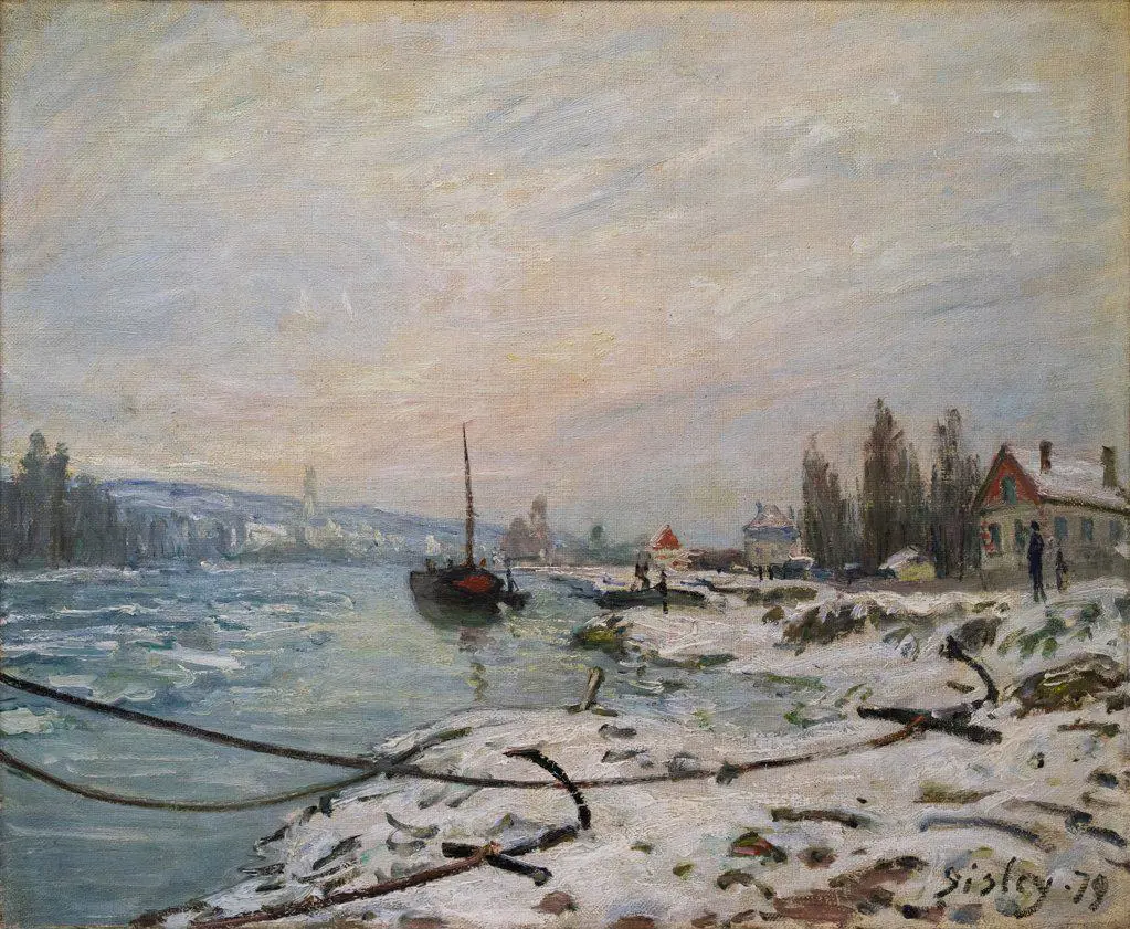"Mooring Lines; the Effect of Snow at Saint-Cloud 1879 Oil on canvas Alfred Sisley, French, 1839 - 1899"