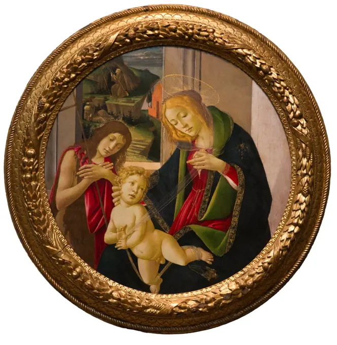 Botticelli and Workshop; Italian; Florence 1444/45-1510 Florence; Madonna and Child with the Young Saint John the Baptist; Saint Francis Receiving the Stigmata in the Distance; Oil on wood.