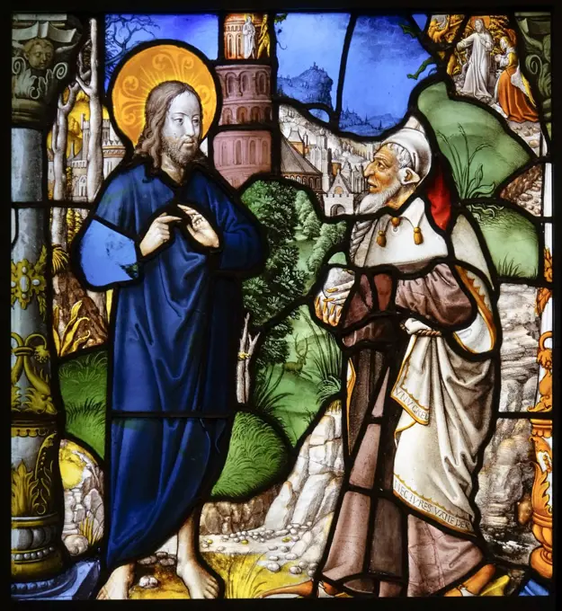 Temptations of Christ; Window from Mariawald Abbey; stained glass