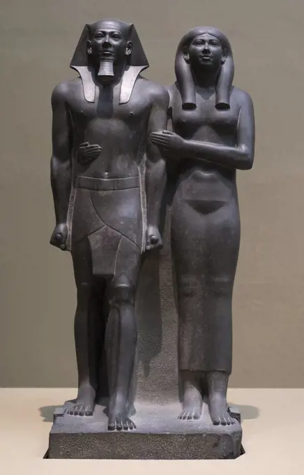 King Menkaura (Mycerinus) and queen From Giza; Menkaura Valley Temple Dynasty 4; reign of Menkaura; 2490-2472 BC Greywacke