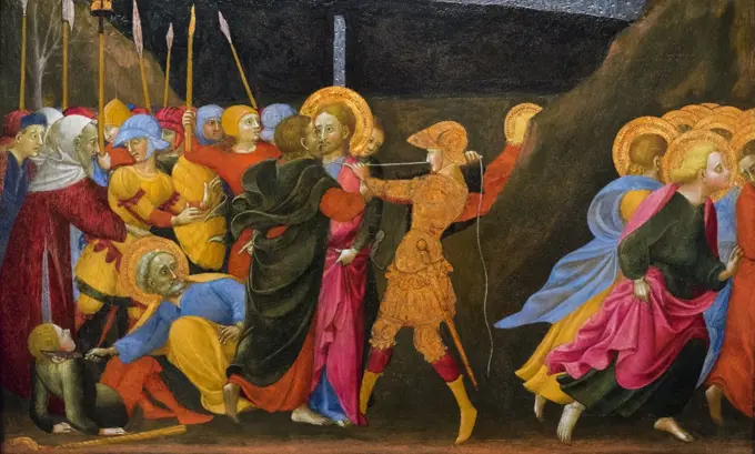 The Betrayal of Christ; about 1437-44 Tempera on poplar panel Sassetta (Stefano di Giovanni di Consolo); Italian; about 1400-1450