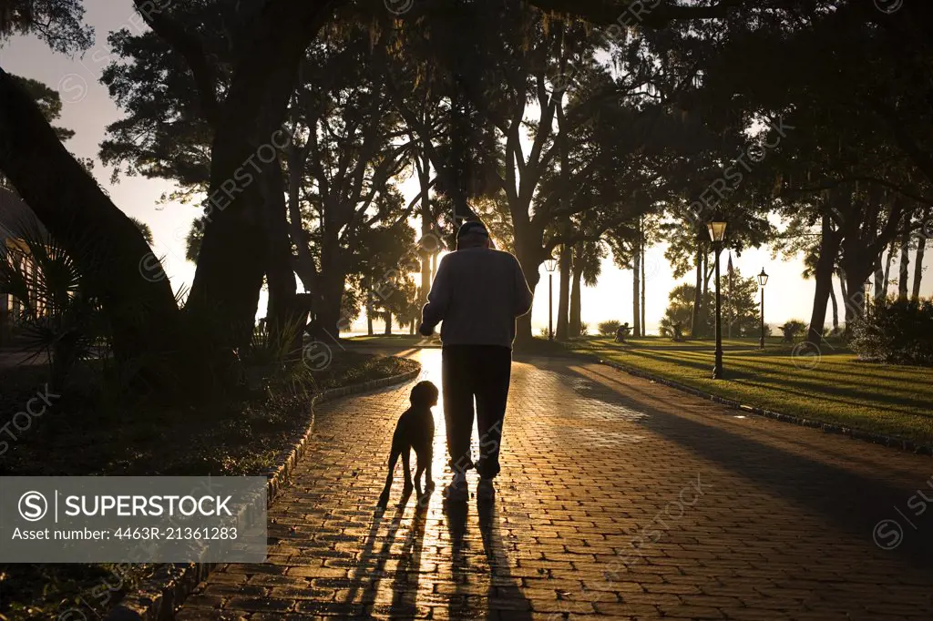 Man walking his dog along a path at sunset.