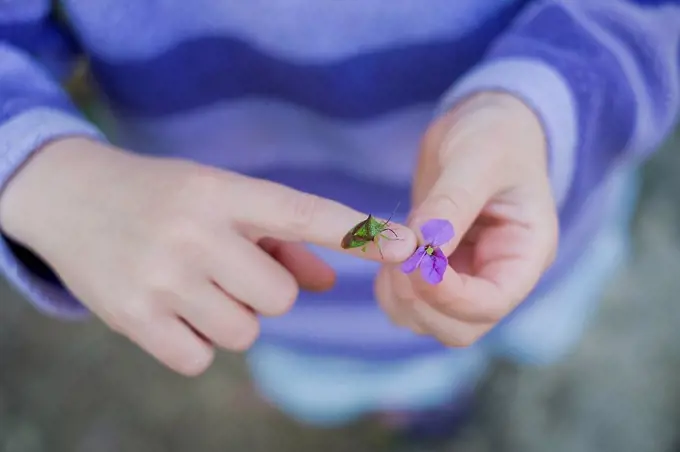 Close up girl with insect on hand holding purple flower