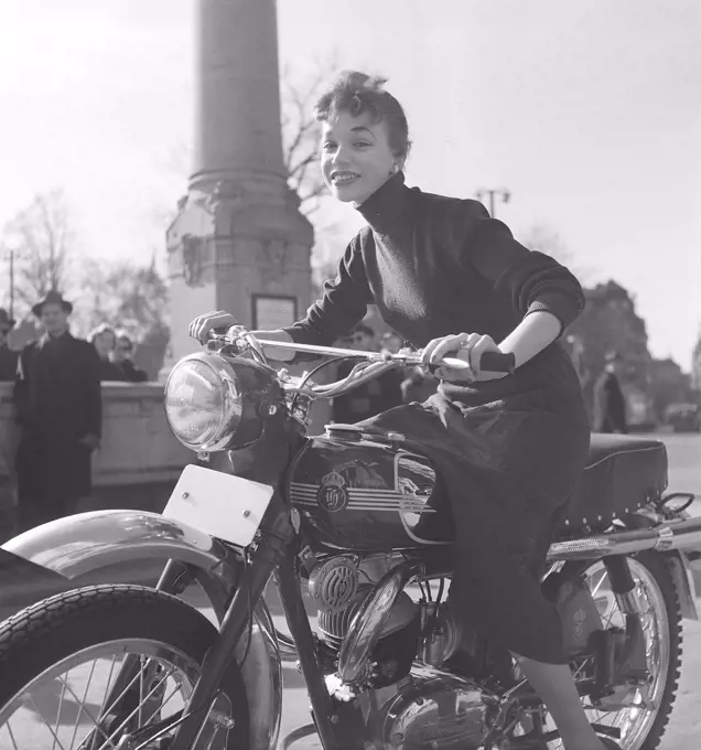 Margit Carlqvist , swedish actress, born 1932, pictured here on a Husqvarna motorcycle model 281 sport, 1954. Photo Kristoffersson Ref BO65-4
