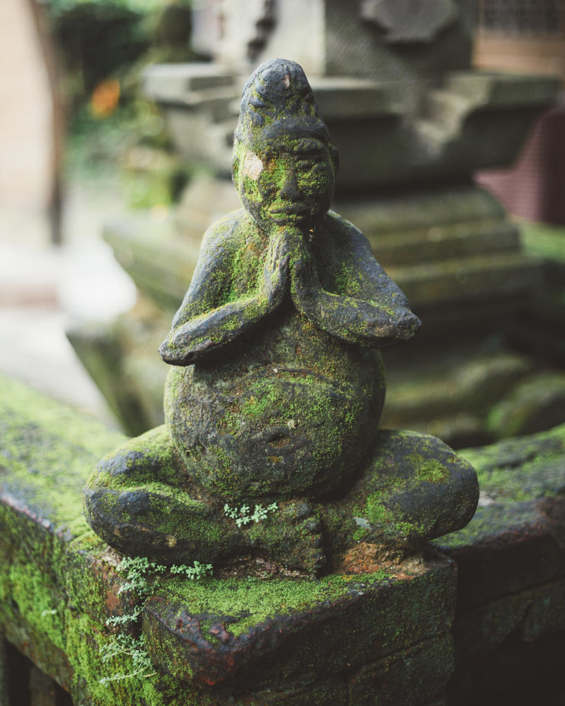 Stone fence with statue of praying monk covered with moss, Bali