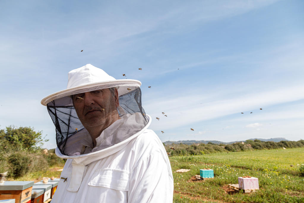Mature male beekeeper in white protective costume and mask looking at camera while standing in apiary with bees flying around in summer day