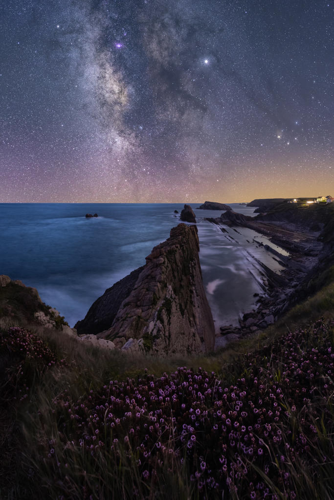 From above of rocky cliff with field flowers and turquoise ocean under colorful night sky with bright stars and milky way