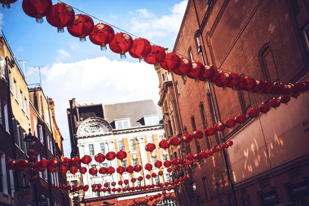 Rows and rows of paper lanterns at Chinatown in London