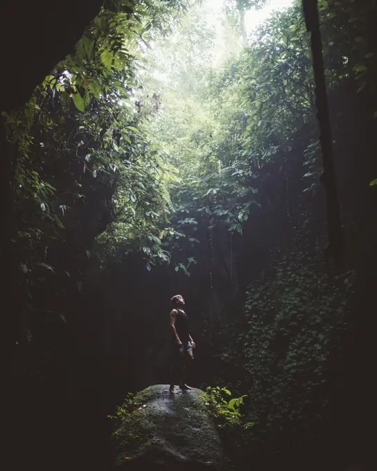 Traveler standing on rock in beautiful dark forest with lush tropical vegetation looking up on beam of light, Bali