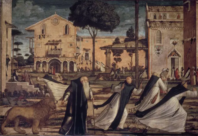 St. Jerome Brings the Lion Into the Monastery Vittore Carpaccio (ca.1455-1526 Italian) Oil on canvas Scuola Dalmata dei Santi Giorgio e Trifone, Venice, Italy