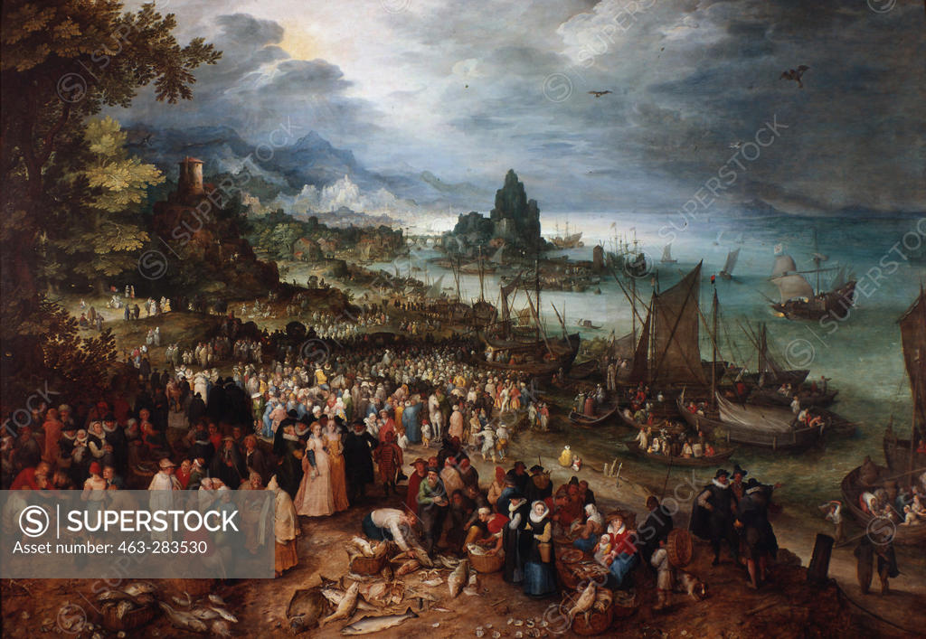 Stock Photo: 463-283530 Seaport with Christ's Sermon / Brueghel