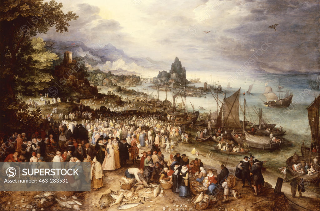 Stock Photo: 463-283531 Seaport with Christ's Sermon / Brueghel