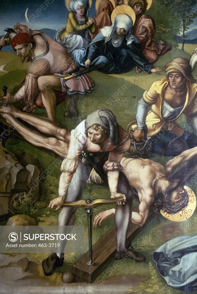 Nailing Christ's Feet to the Cross 1495 Albrecht Durer (1471-1528 German) Oil on wood panel Gemaldegalerie, Dresden, Germany