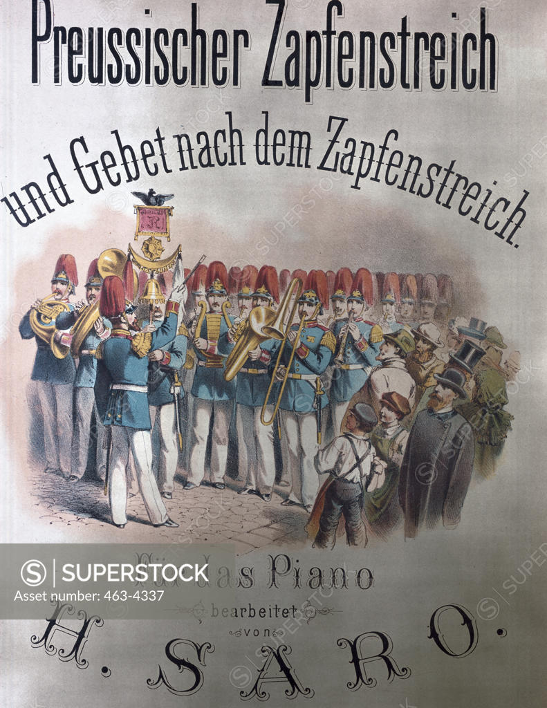 Stock Photo: 463-4337 Prussian Taps and Prayer After Taps,  Coversheet,  artist unknown,  color lithograph,  1885